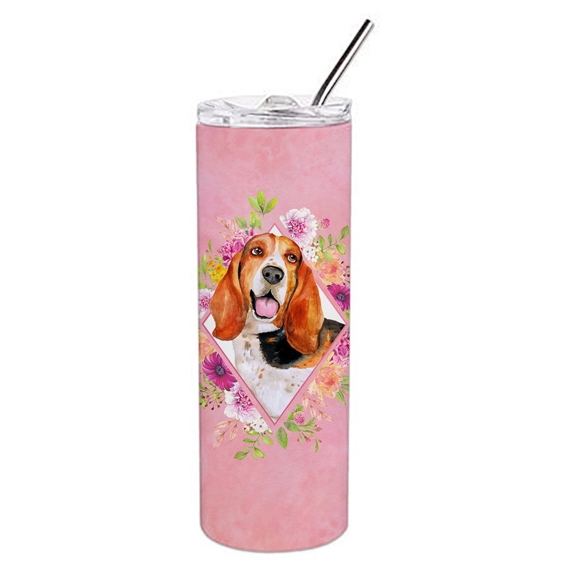 Basset Hound Pink Flowers Double Walled Stainless Steel 20 oz Skinny Tumbler CK4116TBL20