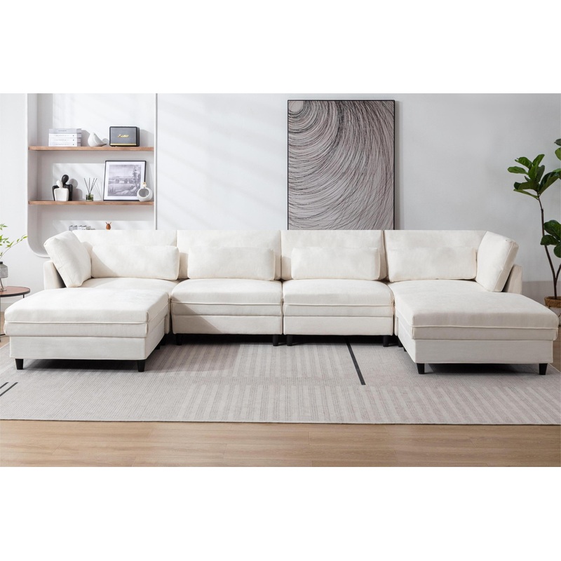 Oversized Modular Sectional Fabric Sofa Set with Waist Pillows, Extra Large U Shaped Couch with Reversible Chaise, 145 inch Long, 6 Seat Modular Sofa with Ottamans