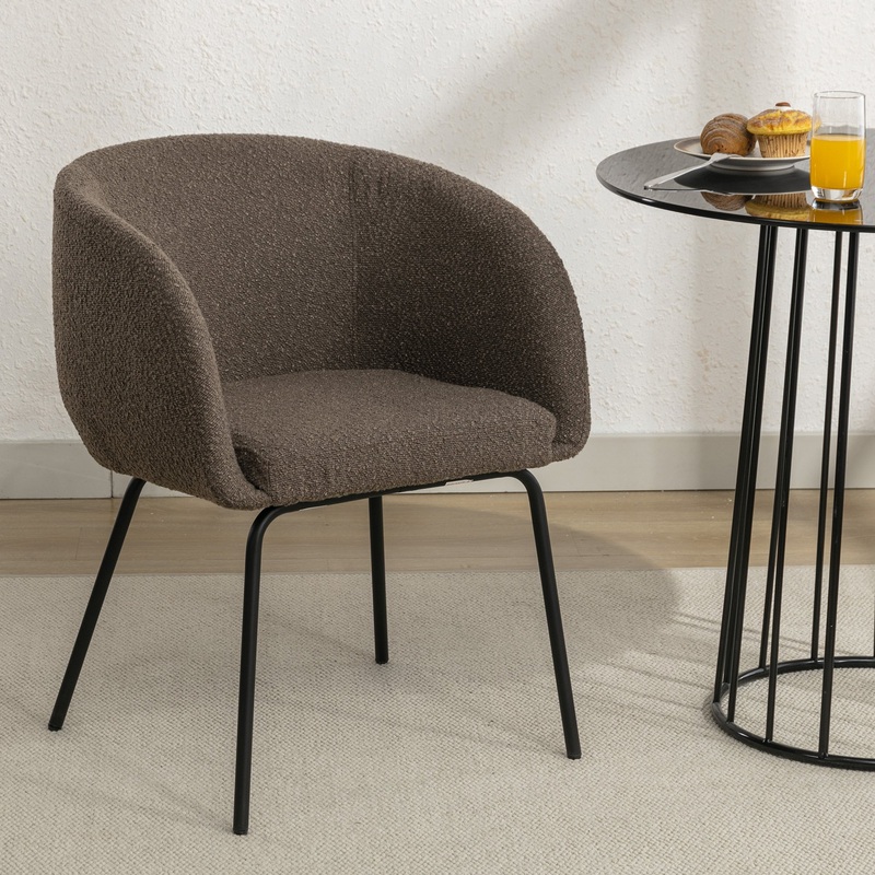 Set of 1 Boucle Fabric Dining Chair With Black Metal Legs,Dark Brown